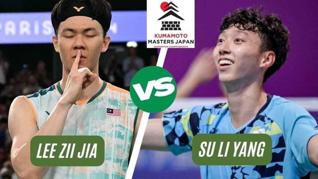 Malaysia's Lii Zii Jia, left, and Chinese Taipei's Su Li-yang , right, were paired in their round of 16 match on Thursday. Zii Jia advances to Kumamoto Masters last 8, faces Christie next